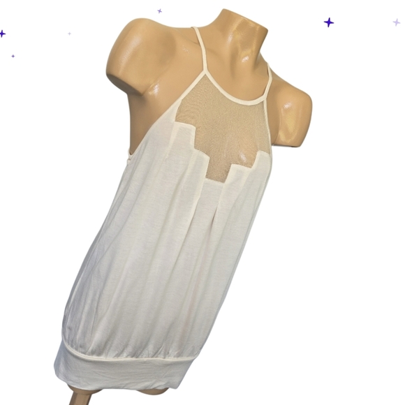 Anthropologie Deletta Staggered Gleam Tunic Halter Tank Cream Gold Mesh Sz Small - Picture 4 of 13